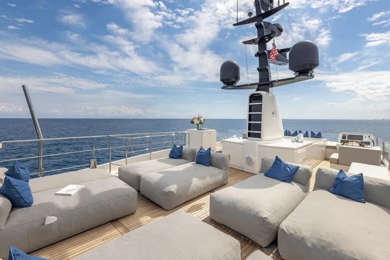 Slide: The Image of Luxurious 2019 Sanlorenzo SD112 yacht deck with plush seating and ocean view. - 58