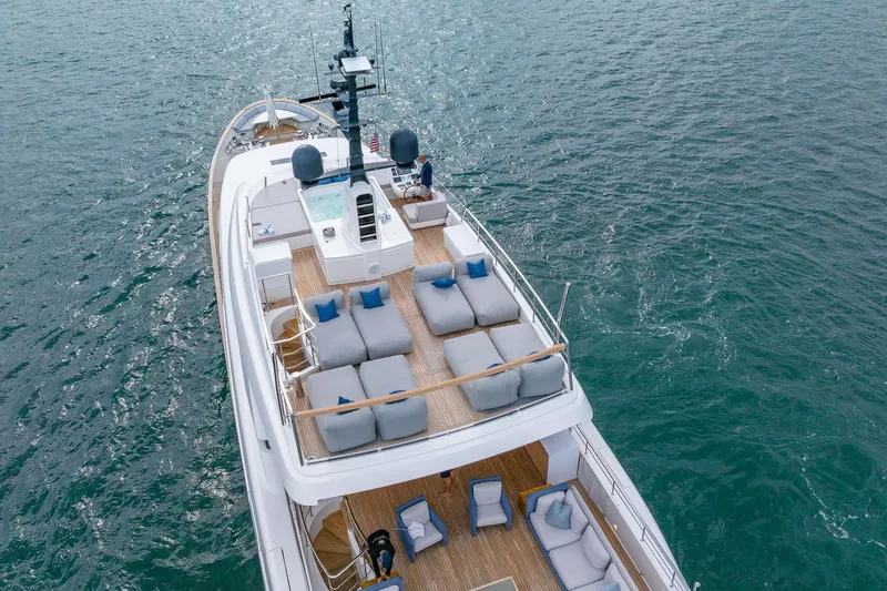 Slide: The Image of Luxurious 2019 Sanlorenzo SD112 yacht with spacious deck and seating on open water. - 63