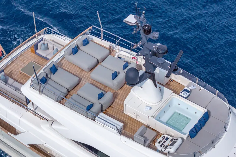 Slide: The Image of Luxurious 2019 Sanlorenzo SD112 yacht deck with lounge area and jacuzzi at sea. - 64