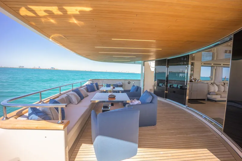 Slide: The Image of Luxurious 2019 Sanlorenzo SD112 yacht deck with elegant seating and ocean view. - 9