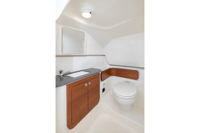 Slide: The Image of 2026 Pursuit DC 286 Dual Console boat bathroom with sink, mirror, and toilet. - 30