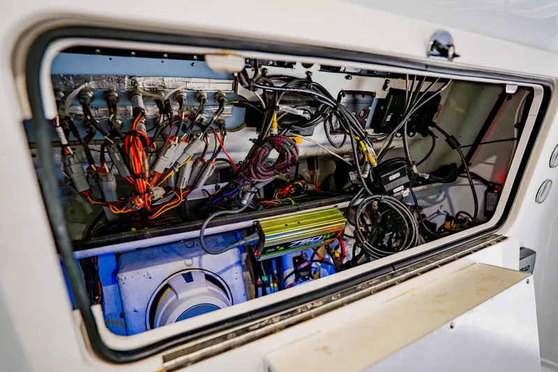 Slide: The Image of Electrical wiring and components inside a 2012 Yellowfin 39 Offshore boat. - 43