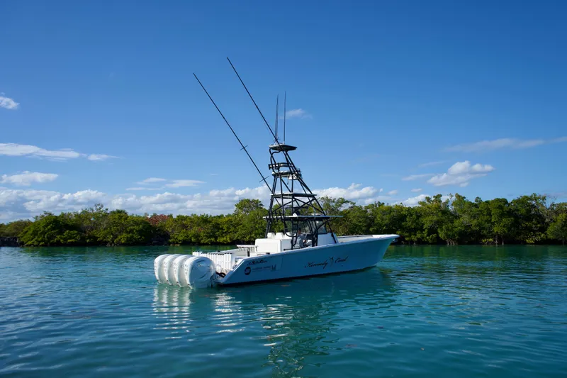 Slide: The Image of 2019 SeaHunter 45 Tournament boat on calm water under clear blue sky. - 3