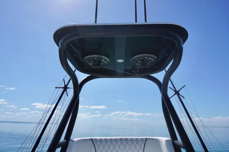 Slide: The Image of SeaHunter 45 Tournament 2019 boat tower against clear blue sky. - 34