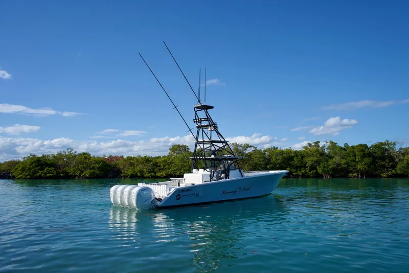 Slide: The Image of 2019 SeaHunter 45 Tournament boat on calm water, clear blue sky, lush green shoreline. - 5