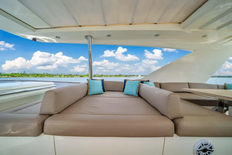 Slide: The Image of Luxurious seating area on a 2015 Prestige 750 yacht with scenic water view. - 13