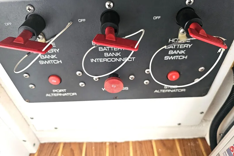 Slide: The Image of Control panel of a 2003 Tiara Yachts 2900 Coronet with battery switches. - 41