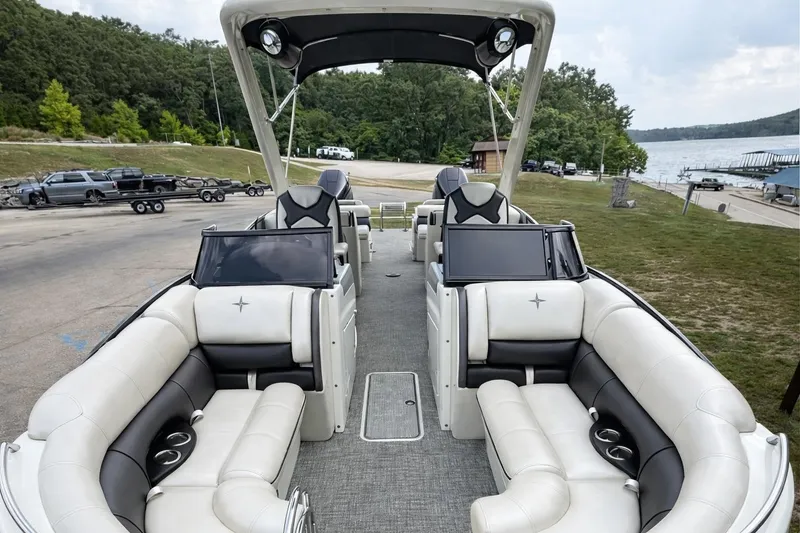 Slide: The Image of 2019 Berkshire 29 Sport RFX-DC pontoon boat with luxurious seating and modern design. - 5