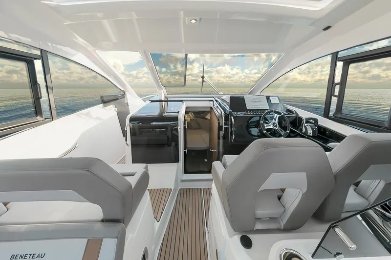 Slide: The Image of Manufacturer Provided Image: 2026 Beneteau Flyer 10 Sport Top interior with modern helm and ocean view. - 4