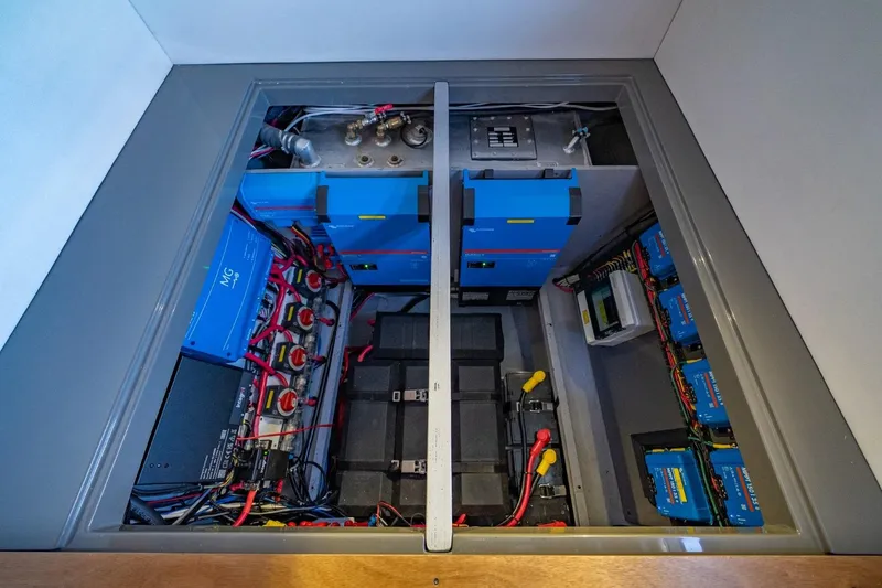 Slide: The Image of Electrical system of a 2020 Nautitech 40 Open catamaran, featuring batteries and wiring. - 39