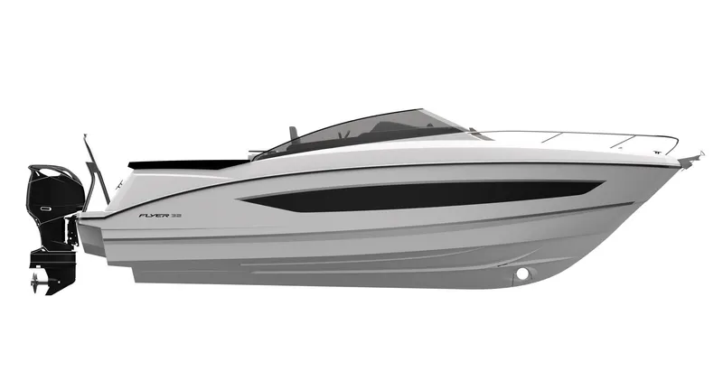 Slide: The Image of 2024 Beneteau Flyer 10 boat, sleek design, side view, outboard motor. - 22