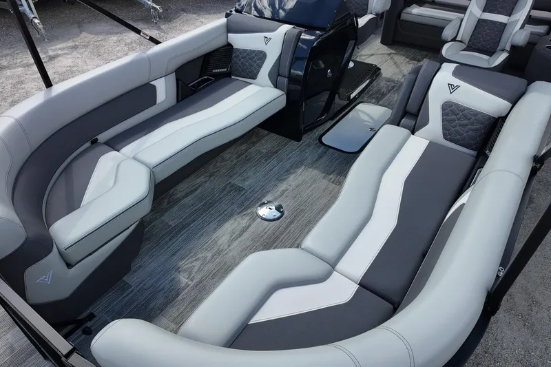 Slide: The Image of Luxurious interior of 2026 Viaggio Diamante 24S pontoon boat with stylish seating. - 12