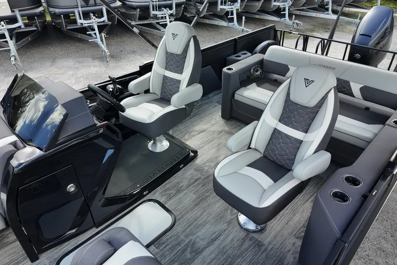 Slide: The Image of Luxurious interior of 2026 Viaggio Diamante 24S pontoon boat with plush seating and modern design. - 13