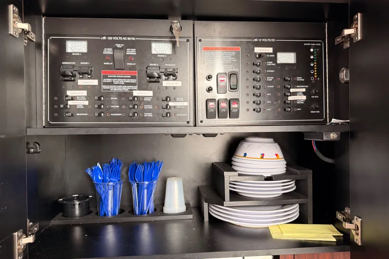 Slide: The Image of Electrical panel and storage in 2018 Monterey 360 Sport Coupe yacht. - 36