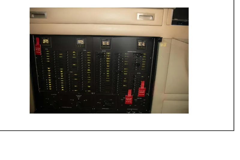 Slide: The Image of Electrical panel of a 1977 Hatteras 58 Yacht Fisherman, featuring various switches and indicators. - 19