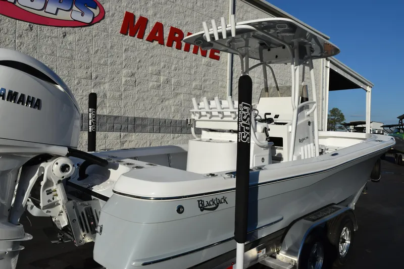 Slide: The Image of 2026 BlackJack 256 Coastal boat on trailer, displayed outside marine dealership. - 4