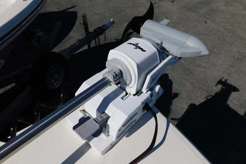 Slide: The Image of Trolling motor on 2026 Pathfinder 2600 TRS boat, docked on concrete surface. - 28