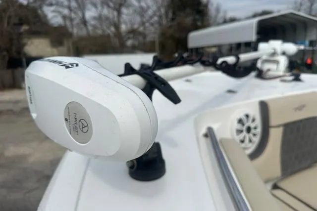 Slide: The Image of Close-up of a 2018 Tidewater 230 CC Adventure boat's trolling motor and seating area. - 15