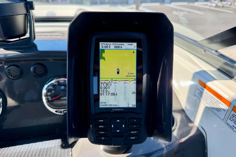 Slide: The Image of Garmin GPS on 2020 Bayliner VR5 Bowrider OB dashboard, displaying navigation data. - 17
