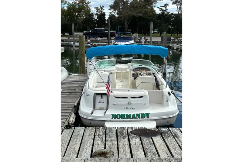 Slide: The Image of 1999 Sea Ray 210 Sundeck boat docked, featuring blue canopy and American flag. - 2