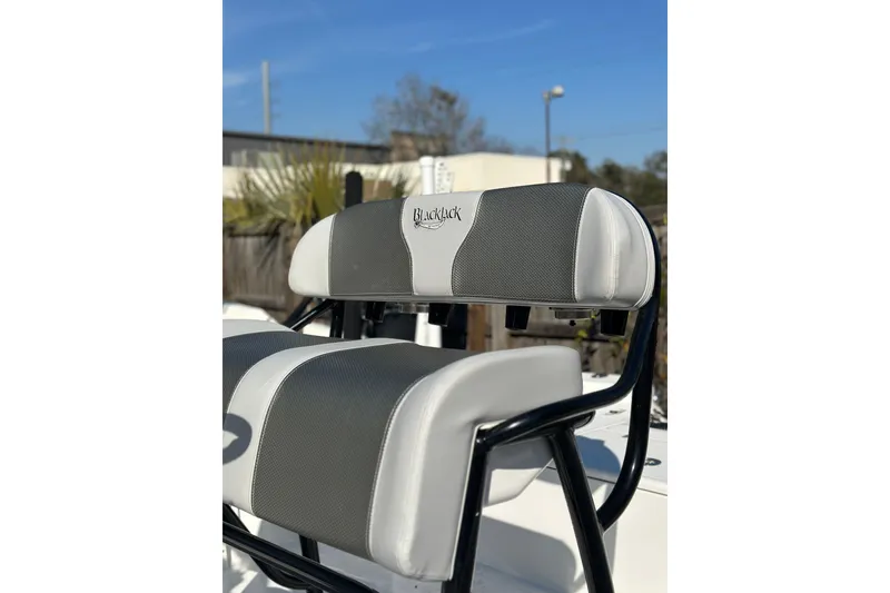 Slide: The Image of BlackJack 224 boat seat, 2025 model, featuring gray and white upholstery. - 11