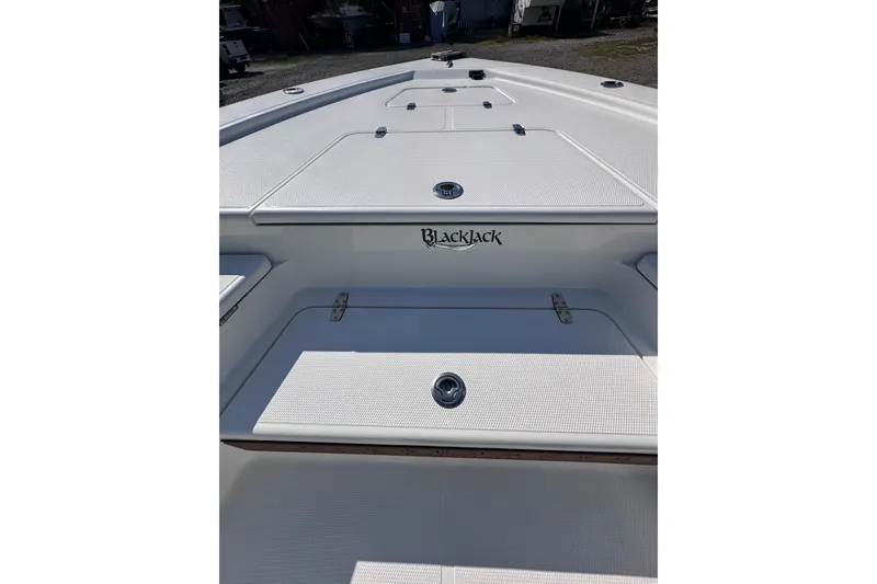 Slide: The Image of 2025 BlackJack 224 boat deck with storage compartments and sleek design. - 2