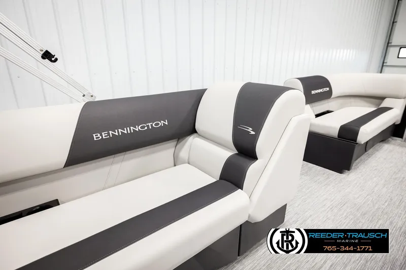 Slide: The Image of 2026 Bennington SLSF boat interior with sleek, modern seating design. - 24