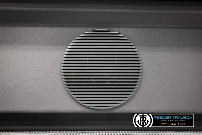 Slide: The Image of Speaker grille on 2026 Bennington SLSF boat, Reeder-Trausch Marine branding visible. - 42
