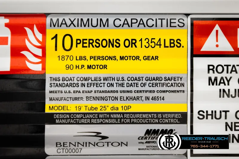 Slide: The Image of 2026 Bennington SLSF capacity label: 10 persons, 1354 lbs, 90 HP motor compliance. - 49