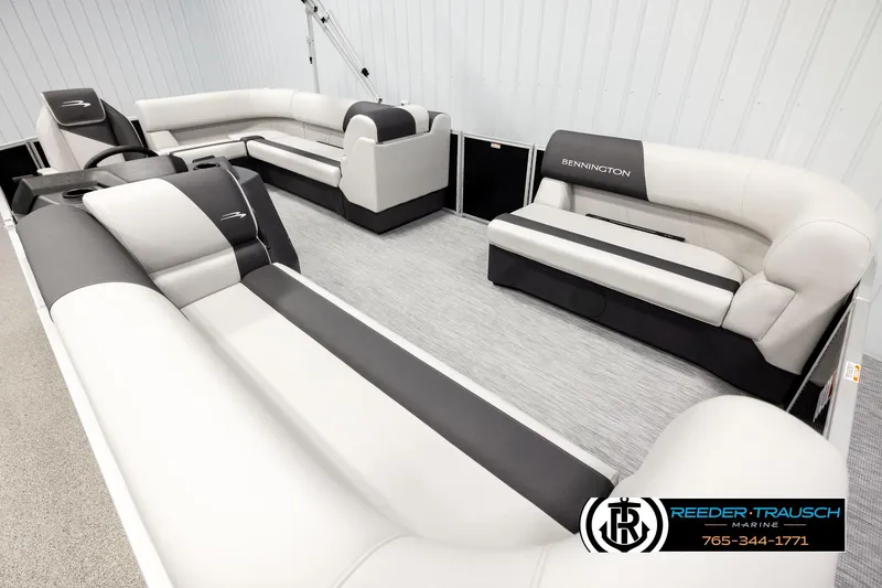 Slide: The Image of 2026 Bennington SLSF pontoon boat interior with luxurious seating and modern design. - 9