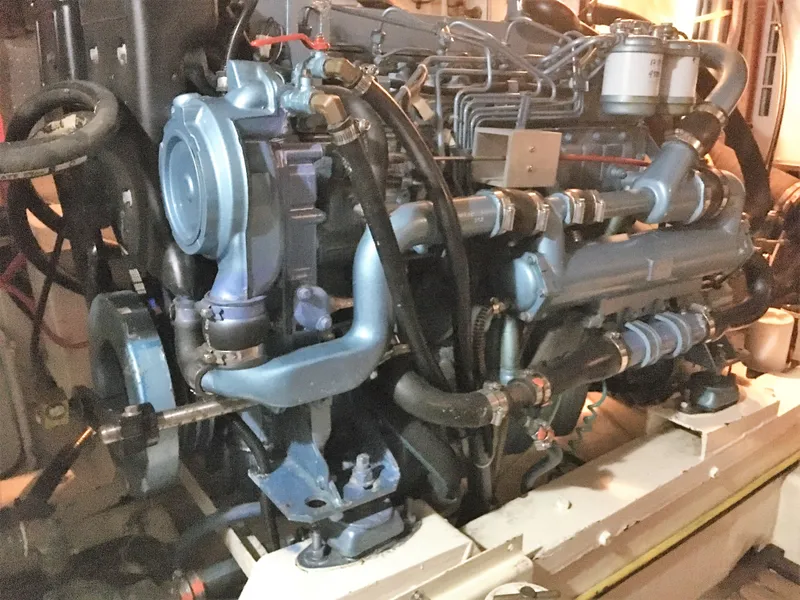 Slide: The Image of Engine room of a 2005 DeFever 44+5 boat, close-up. - 48