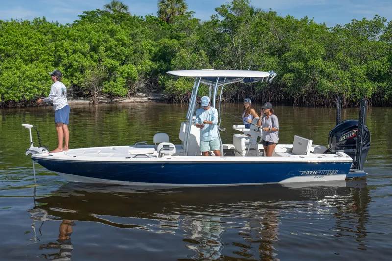 Slide: The Image of Manufacturer Provided Image: 2026 Pathfinder 2200 TRS boat with people fishing in a scenic river setting. - 26