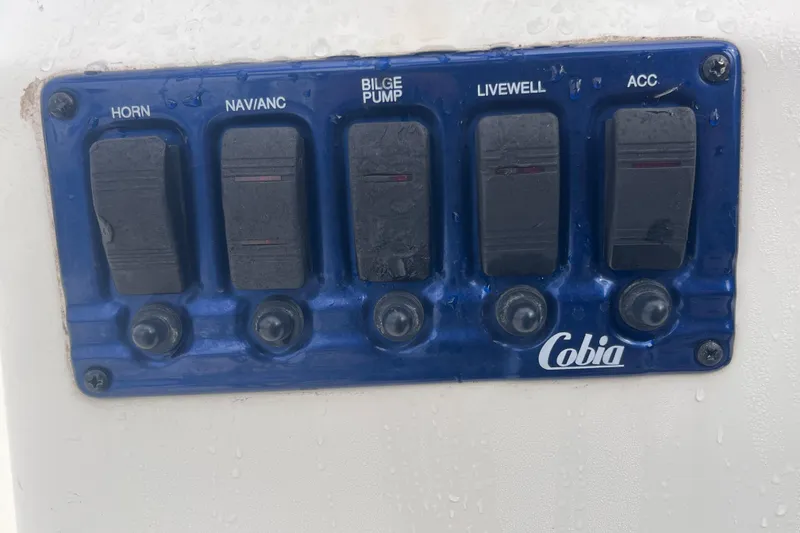 Slide: The Image of Control panel of a 2003 Cobia 184 Center Console boat with labeled switches. - 18
