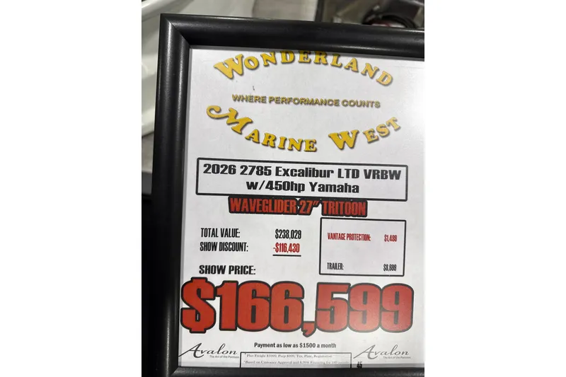 Slide: The Image of Framed price display for 2026 Avalon 2785 Excalibur LTD VRBW boat, priced at $166,599. - 11