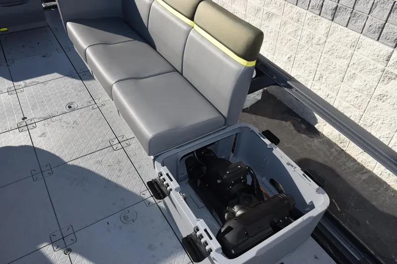 Slide: The Image of 2026 Sea-Doo Switch Fish 21 boat interior with storage compartment open. - 15