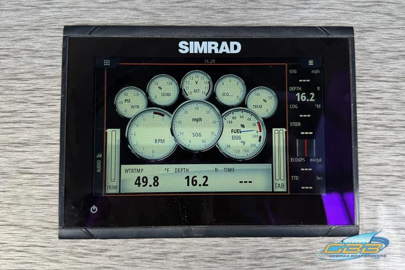 Slide: The Image of Simrad display on 2021 Premier 230 Sunsation RL PTX showing navigation and engine data. - 19