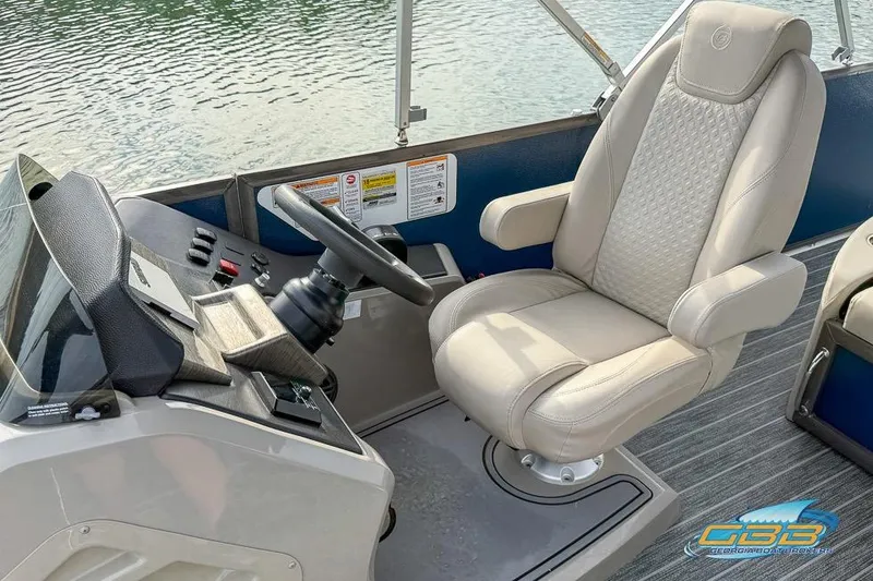 Slide: The Image of Captain's seat and helm of 2021 Premier 230 Sunsation RL PTX pontoon boat. - 23