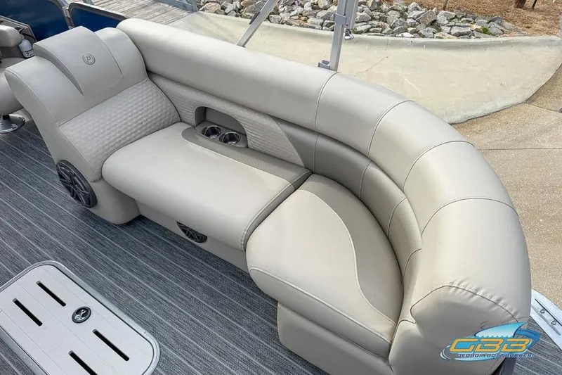 Slide: The Image of Luxurious seating on 2021 Premier 230 Sunsation RL PTX pontoon boat, featuring plush upholstery. - 27
