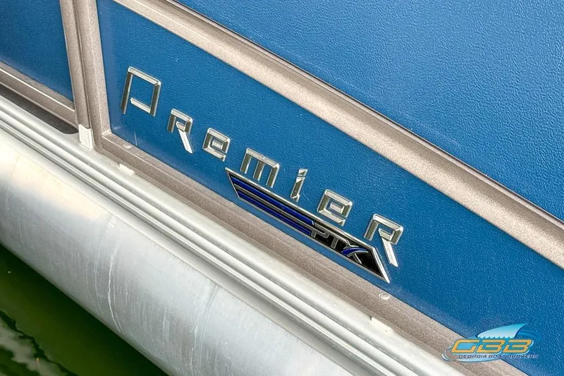 Slide: The Image of 2021 Premier 230 Sunsation RL PTX pontoon boat, blue exterior detail. - 8