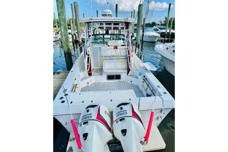 Slide: The Image of 1996 Pro-Line 2950 Walkaround boat with twin outboard engines on stands. - 3