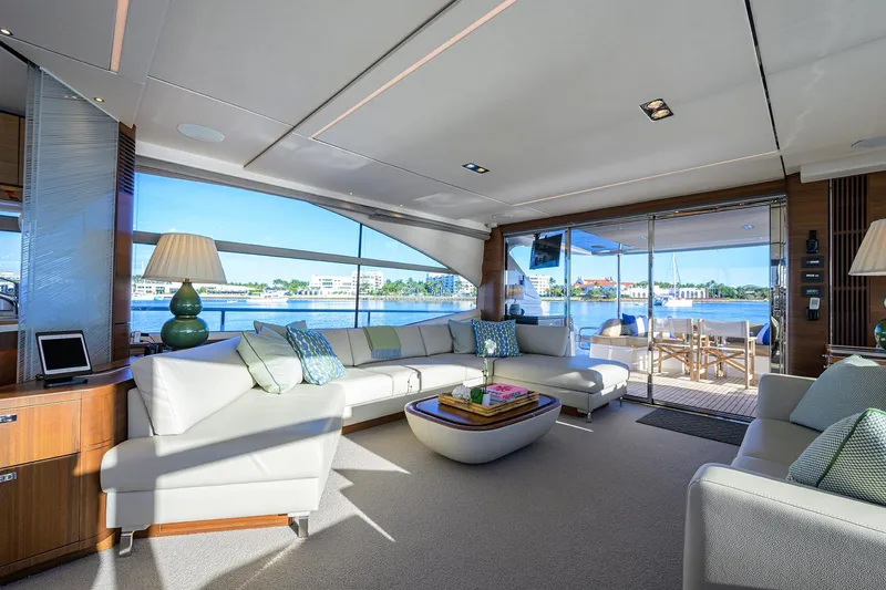 Slide: The Image of Luxurious interior of 2021 Princess Y78 yacht with elegant seating and waterfront view. - 1