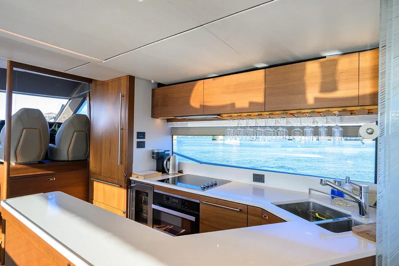 Slide: The Image of Luxurious kitchen interior of 2021 Princess Y78 yacht with ocean view. - 11