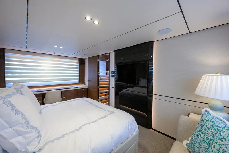 Slide: The Image of Luxurious bedroom interior of 2021 Princess Y78 yacht with modern decor and ambient lighting. - 22