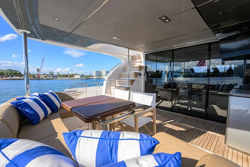 Slide: The Image of Luxurious 2021 Princess Y78 yacht deck with seating, table, and scenic waterfront view. - 64