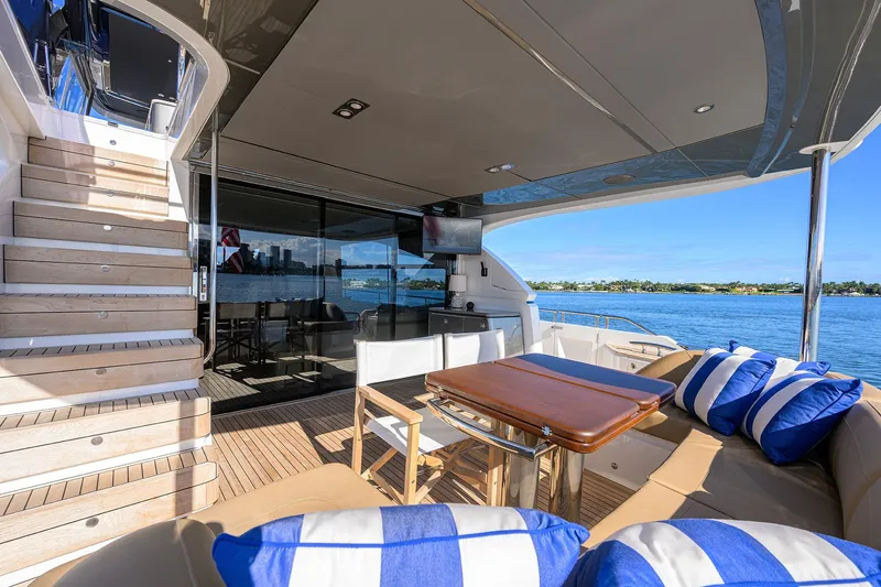 Slide: The Image of Luxurious 2021 Princess Y78 yacht deck with seating, table, and ocean view. - 65