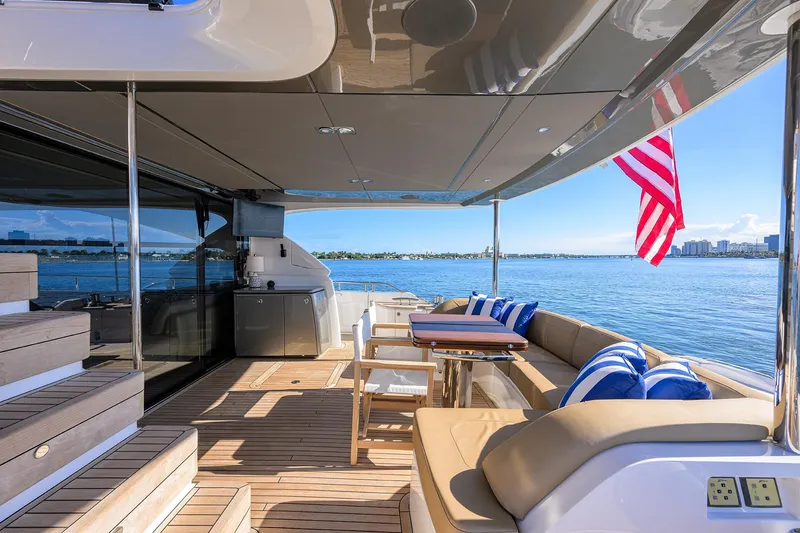 Slide: The Image of Luxurious 2021 Princess Y78 yacht deck with seating, table, and ocean view. - 66