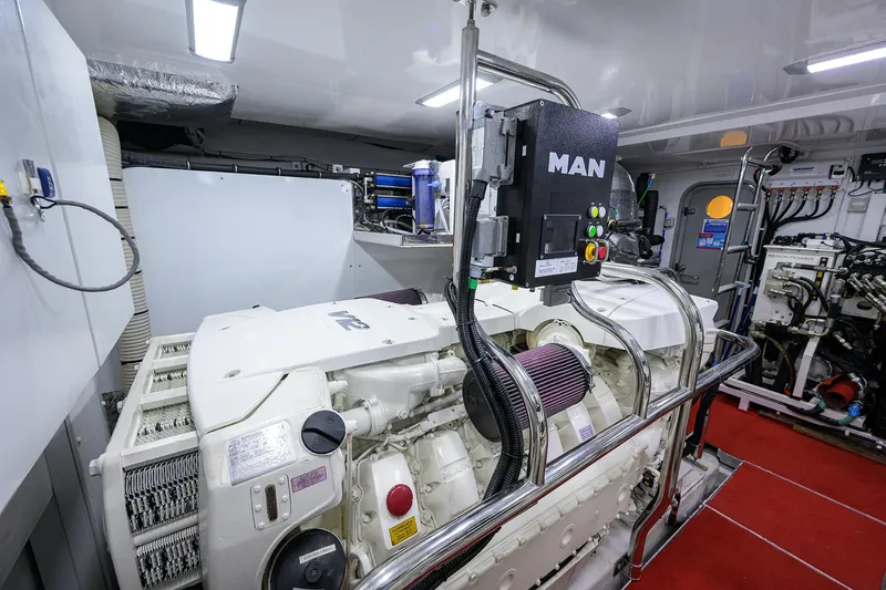Slide: The Image of Engine room of 2021 Princess Y78 yacht featuring MAN engine components. - 78