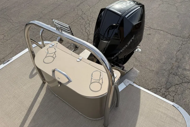 Slide: The Image of 2023 Avalon LSZ QUAD LOUNGE boat with Mercury outboard motor, rear view. - 16