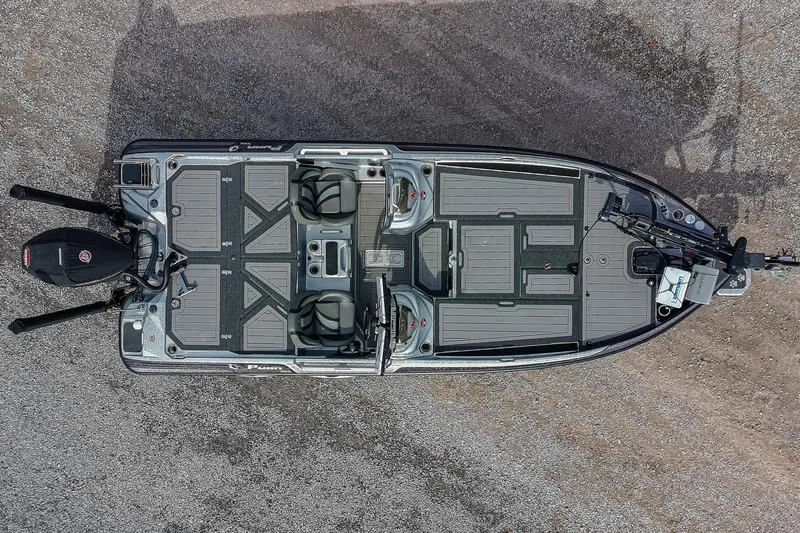 Slide: The Image of 2023 Bass Cat Puma STS boat, aerial view, showcasing spacious deck and seating layout. - 3