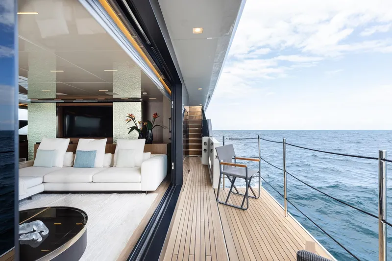 Slide: The Image of Luxurious Sanlorenzo SLA120A yacht interior and deck overlooking the ocean, 2020 model. - 13